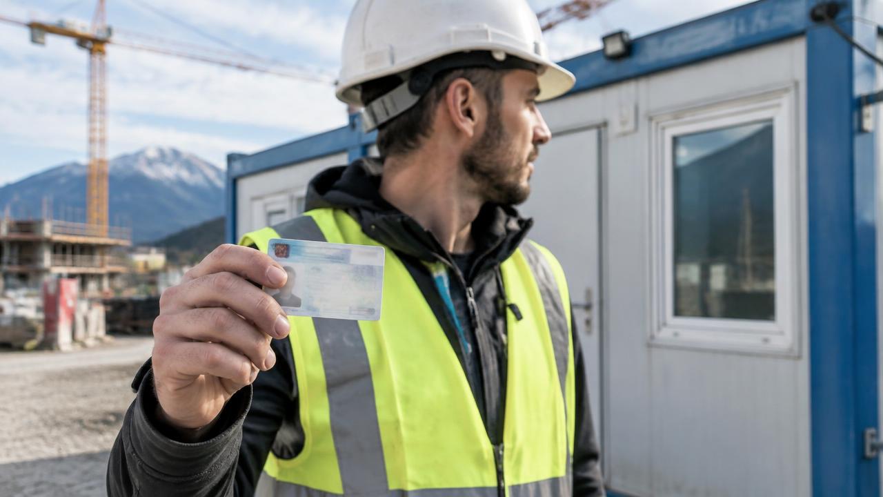 Bauarbeiter zeigt seine Ausweiskarte vor einem Baucontainer (KI-generiert)