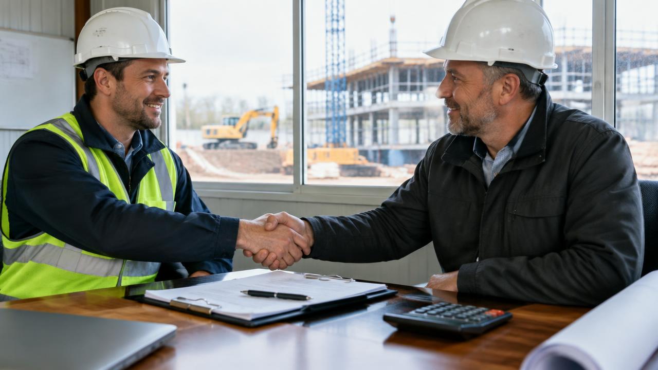 Zwei Bauunternehmer schütteln sich im Baubüro die Hand (KI-generiert)
