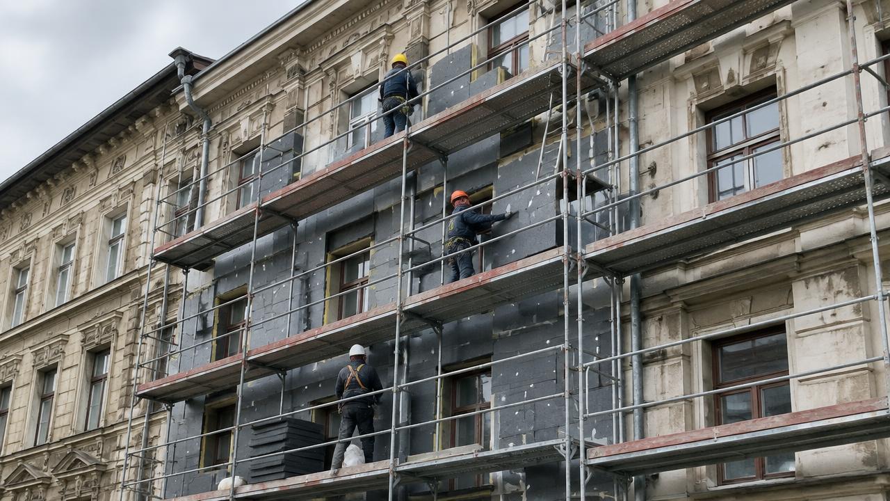Gerüst an einer Wiener Altbaufassade während einer Dämmsanierung (KI-generiert)
